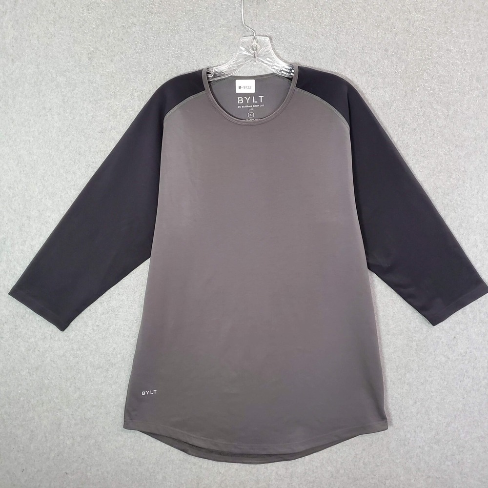 BYLT Men Shirt Large Gray 3/4 Baseball Drop Cut Lux  Raglan Crew Neck READ